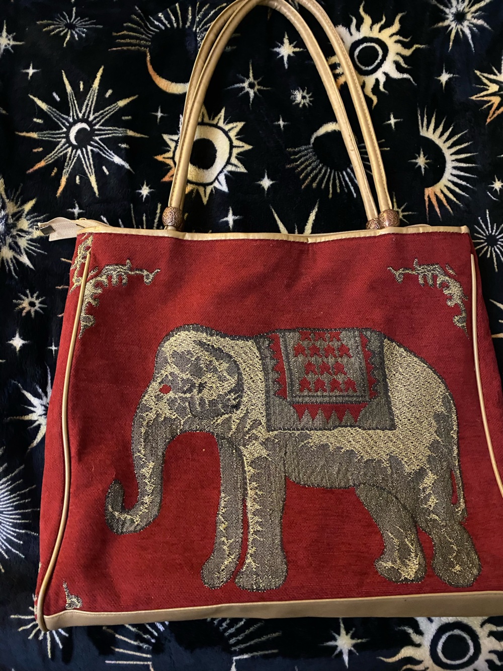 Embroidered Red Elephant Tote Bag